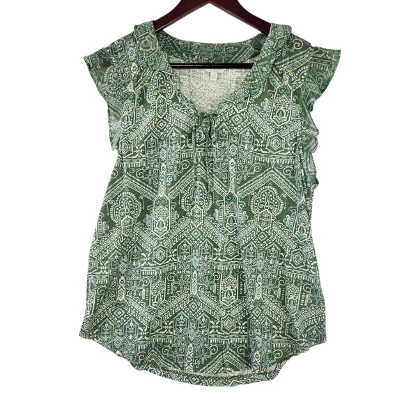 Lucky Brand Green Geometric Tribal Aztec Blouse Ruffle Sleeve V Neck Large - Picture 2 of 13